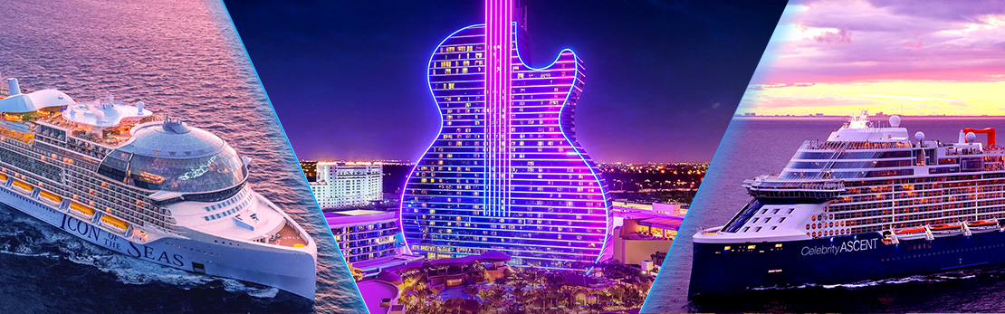 Collage of The Guitar Hotel in Seminole Hard Rock Hollywood and Royal Caribbean cruise ships