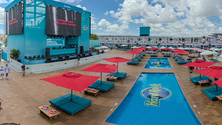 FORMULA 1 DJ staging area with day beds and pools