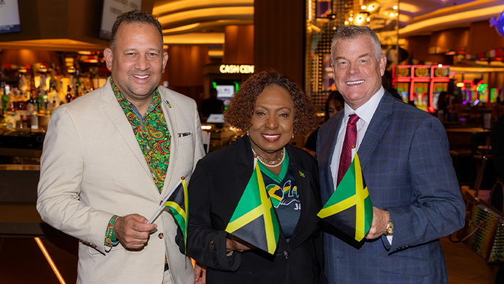 Consul General of Jamaica Oliver Mair, Jamaica’s Minister of Culture, Gender, Entertainment and Sport Olivia “Babsy” Grange and Chief Operating Officer of Seminole Gaming David Hoenemeyer