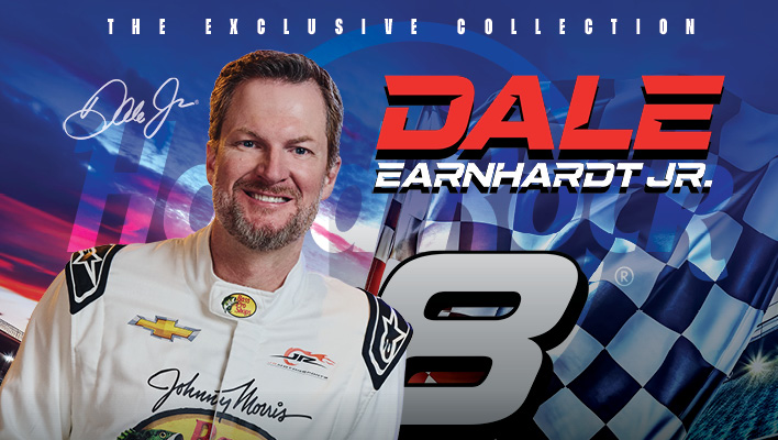Racer Dale Earnhard Jr The Exclusive Collection in front of the Hard Rock logo